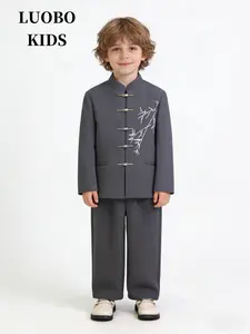 Boys' Traditional Chinese Costume Set, Stand Collar Embroidered Zhongshan Jacket, Ethnic Style Outerwear, National Wind Tang Suit Performance Wear