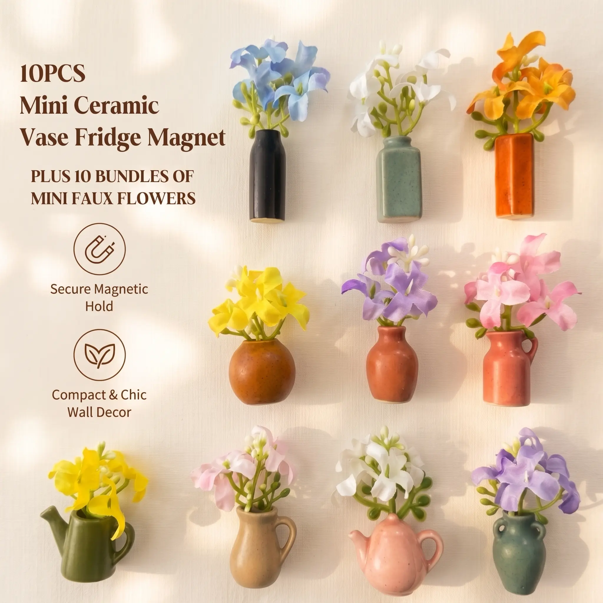 10PCS Mini Ceramic Vase Fridge Magnets, Cute Tiny Flower Vase Fridge Magnets with Artificial Flowers for Refrigerator Office and Kitchen Cabinet Decoration