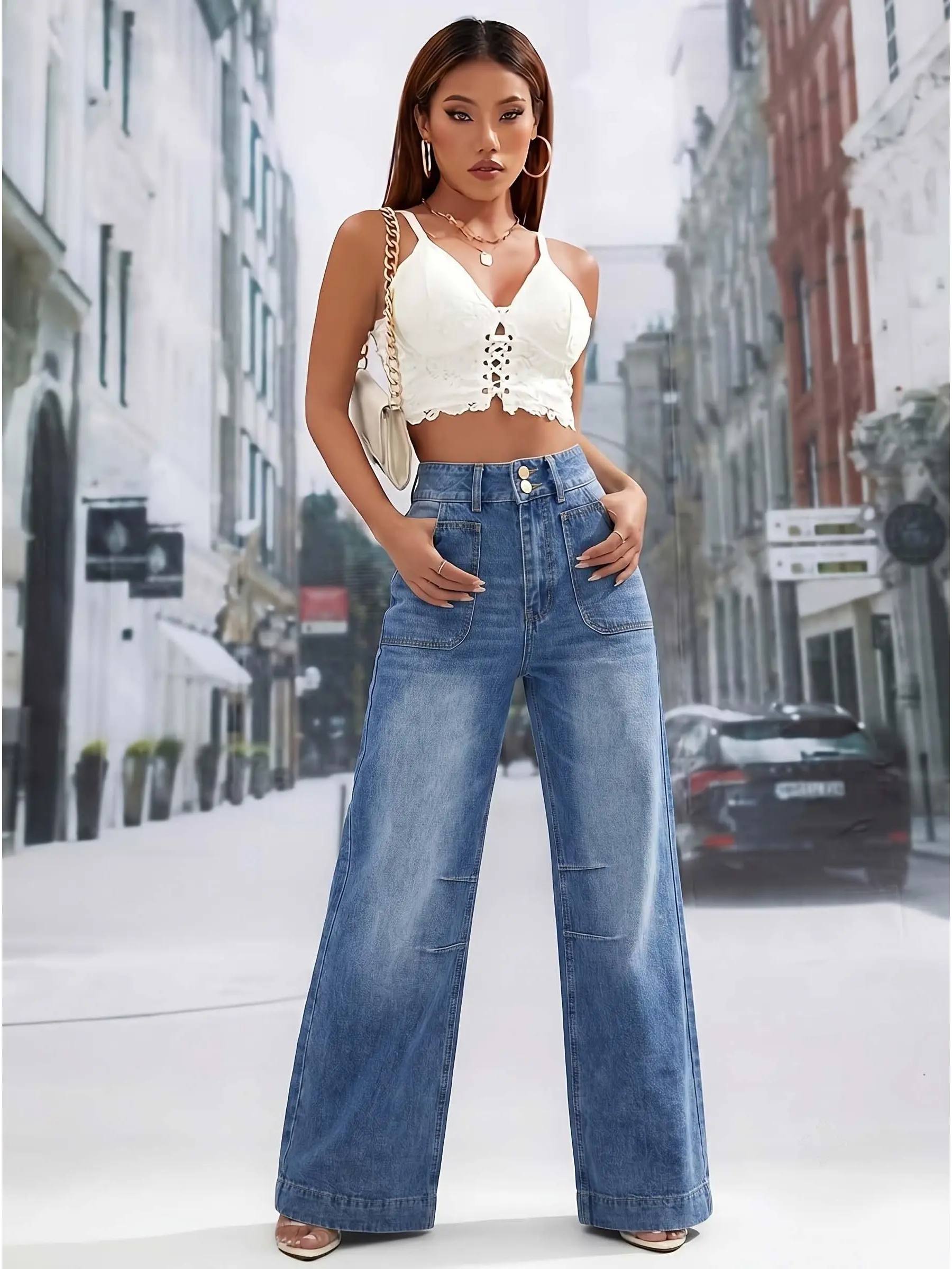 Women's High Waist Light Wash Wide Leg Cargo Jeans, Double Button Patch Pocket Loose Palazzo Denim Pants, Vintage Y2K Streetwear Jeans for Daily Shopping Travel Weekend Street Outfits campingessentials