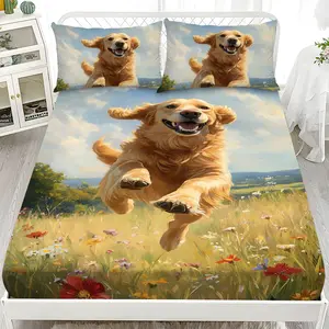Bed Sheet Set - 3-Piece Set with 2D Flat Printing Golden Retriever Dog Pattern Mattress Protector in Ten Sizes (1*Fitted Sheet + 2*Pillowcases, no filling), Stylish, Soft and Comfortable Bedding Set, Suitable for Home Bedrooms and Guest Rooms.