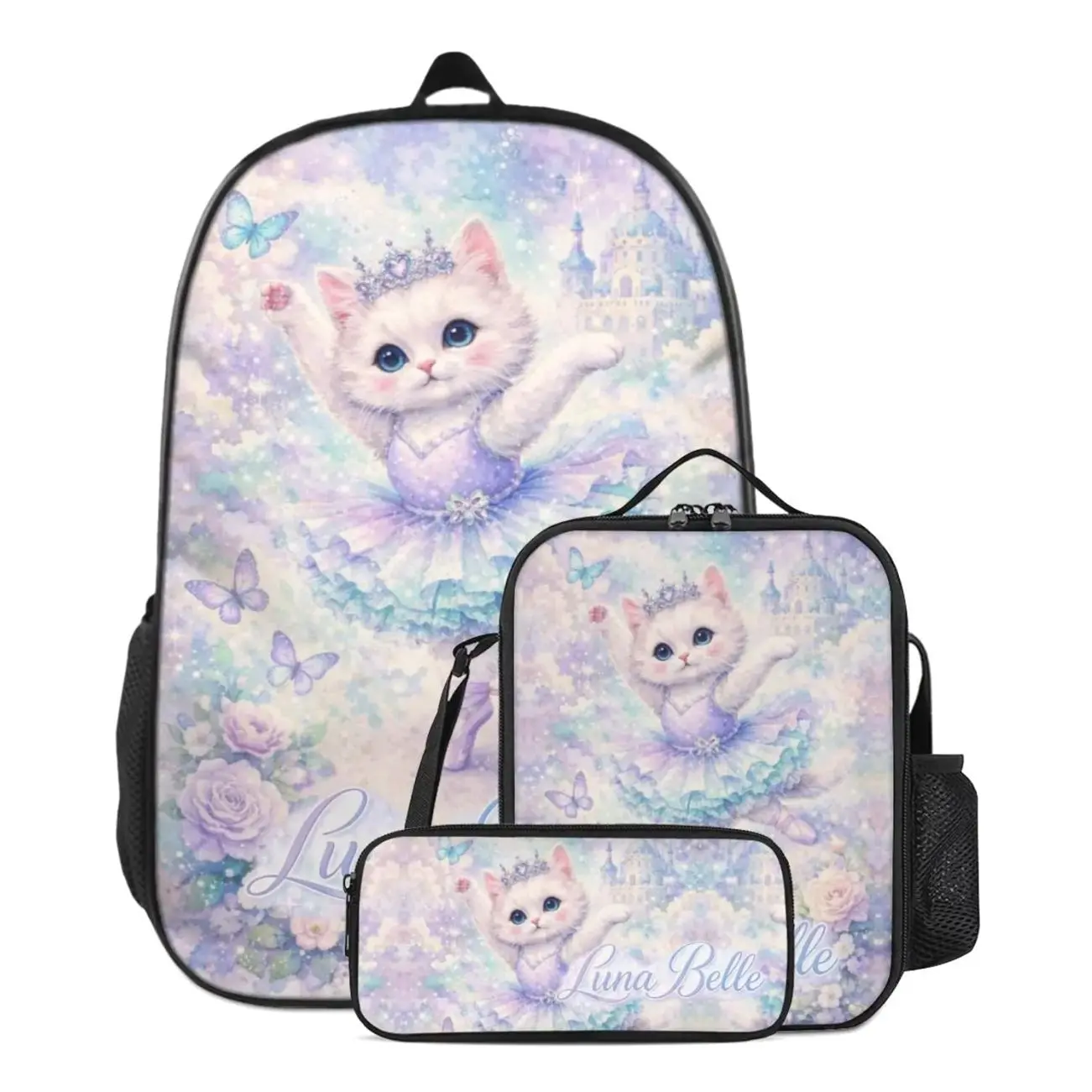 Personalized Kitty Cat School Backpack, Ballerina Theme Bookbag Set with Lunch Bag & Pencil Case
