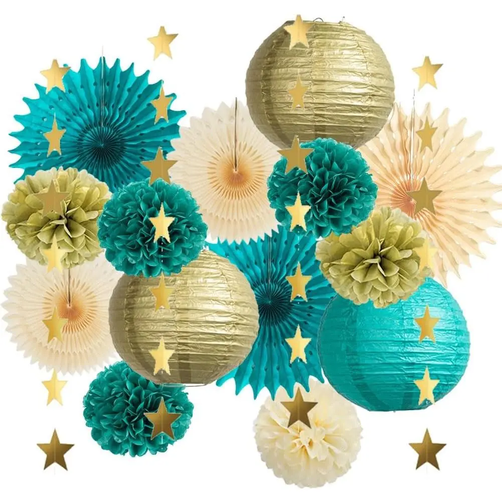 Teal and  Party Decorations Teal Blue Paper Lanterns Pom Poms Paper Fans Cream Teal Party Decorations with   Garland for Teal  Birthday  Shower Wedding Engagement Graduation Party