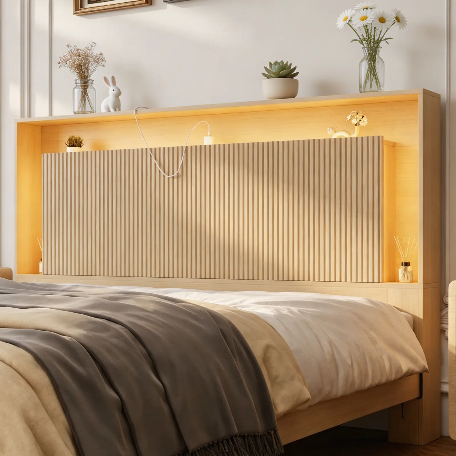 Loomie Queen Size Wall Mounted Headboard (Headboard Only), 64.6" Fluted Headboard with Charging Station and Storage, Modern Wood Head Board for Bedroom