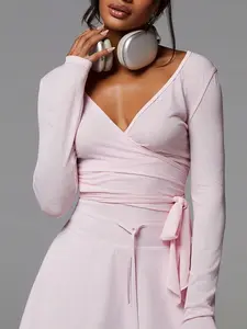 Women's Soft Slub Knit Wrap Front Long Sleeve Crop Top With Waist Tie, Elegant Loungewear Suitable For Yoga, Pilates And Daily Wear