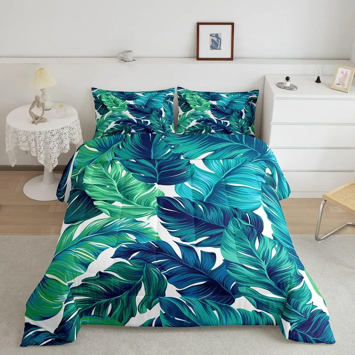 King Size Boho Microfiber Bedding Set - 3D Leaf Pattern Decorative Duvet, Breathable Super Soft Bed Comforter, Tropical Palm Branch Aesthetic Bed Sheets, Boho Bed Set