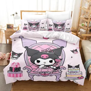 Kuromi Polyester Duvet Cover and Pillowcase Set - 1*Duvet Cover + 1/2*Pillowcases, no filling included, multi-color printed bedding set, soft and comfortable, suitable for family bedrooms and guest rooms, suitable for all seasons.