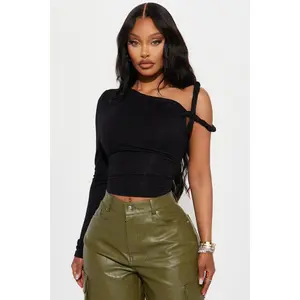 Kendra One Shoulder Long Sleeve Top - Black
