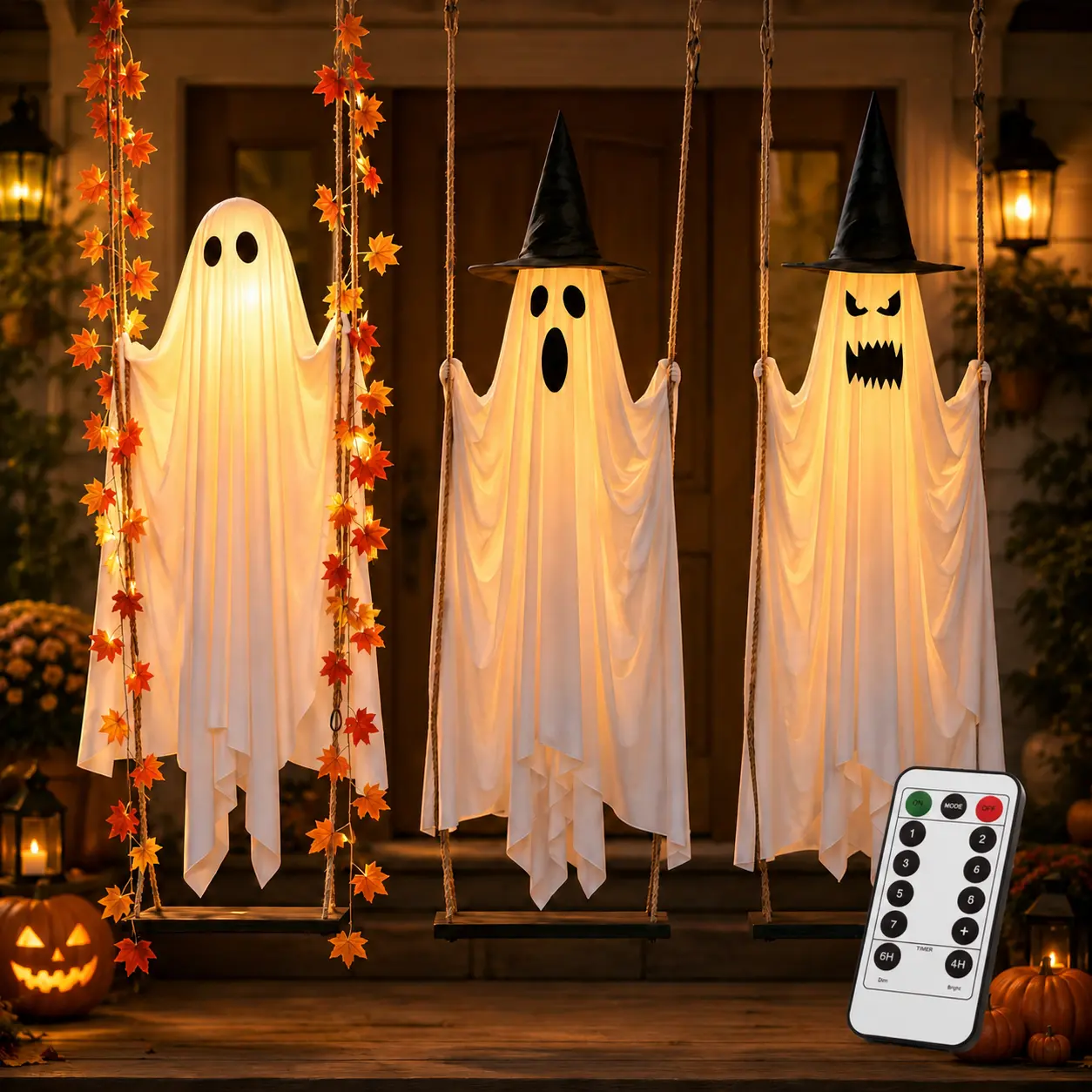 LED Light-Up Swinging Ghost Halloween Decoration with Maple Leaf Garland & Remote Control, Hanging Outdoor Decor for Yd, Porch & Party, Halloween Decorations Outdoor, Party Lighting Decoration