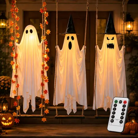 Halloween Hanging Ghost Swing with Remote Control String Lights - Wooden Seat & Hemp Ropes, Outdoor Halloween Decor, Party Lights Outdoor, Decorative Ornaments, Glow Party Accessories for Porch, Spooky Vibes