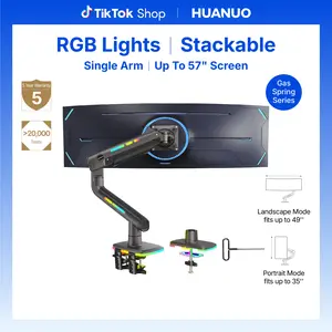 HUANUO RGB/Non-RGB Monitor Arm for Ultrawide Screens up to 57″/49'', Heavy-Duty Single Mount Holds 44 lbs, Fully Adjustable Gaming Monitor Arm with C-Clamp & Grommet Base, Max VESA 100 x 100mm