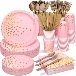 Pack of 175 Pink Rose Gold Plates Party Supplies Severs, 25 Guests Disposable Party Decorations, Plastic Forks Knives Spoons, Golden Dot Paper Plates Napkins Cups for Mothers Day Birthday Wedding
