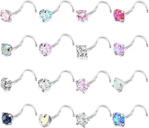 Nose Rings Studs for Women 16 Count 18g/20g Surgical Steel   3mm CZ & Opal L Shape Studs 20 Gauge Screw Studs