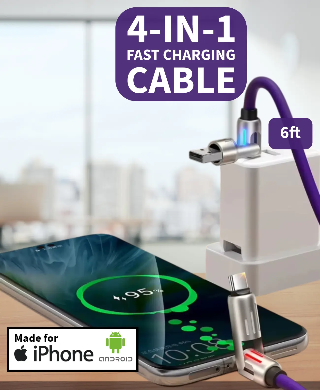 240W 4-in-1 Multi USB Fast Charger Cable USB A, Type C, 65W Max for iPhone, Android, Multi Device Charging Cable with Ambient  Lights