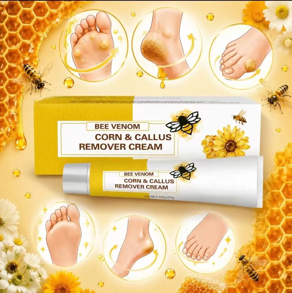 Natural Bee Venom Soothing Cream, a gentle restorative ointment with long-lasting antibacterial properties, suitable for treating corns, thick calluses, and dry, rough skin on the heels