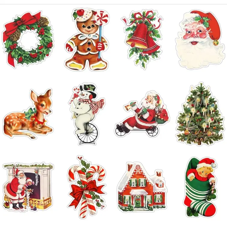 12PCS Vintage Christmas Cutout Home Decoration, Santa Claus Snowman Cutout Decor, Large Size Christmas Cutouts Cardstock, Retro Christmas Cut-Outs Cardboard, Winter Holiday Party Decorations