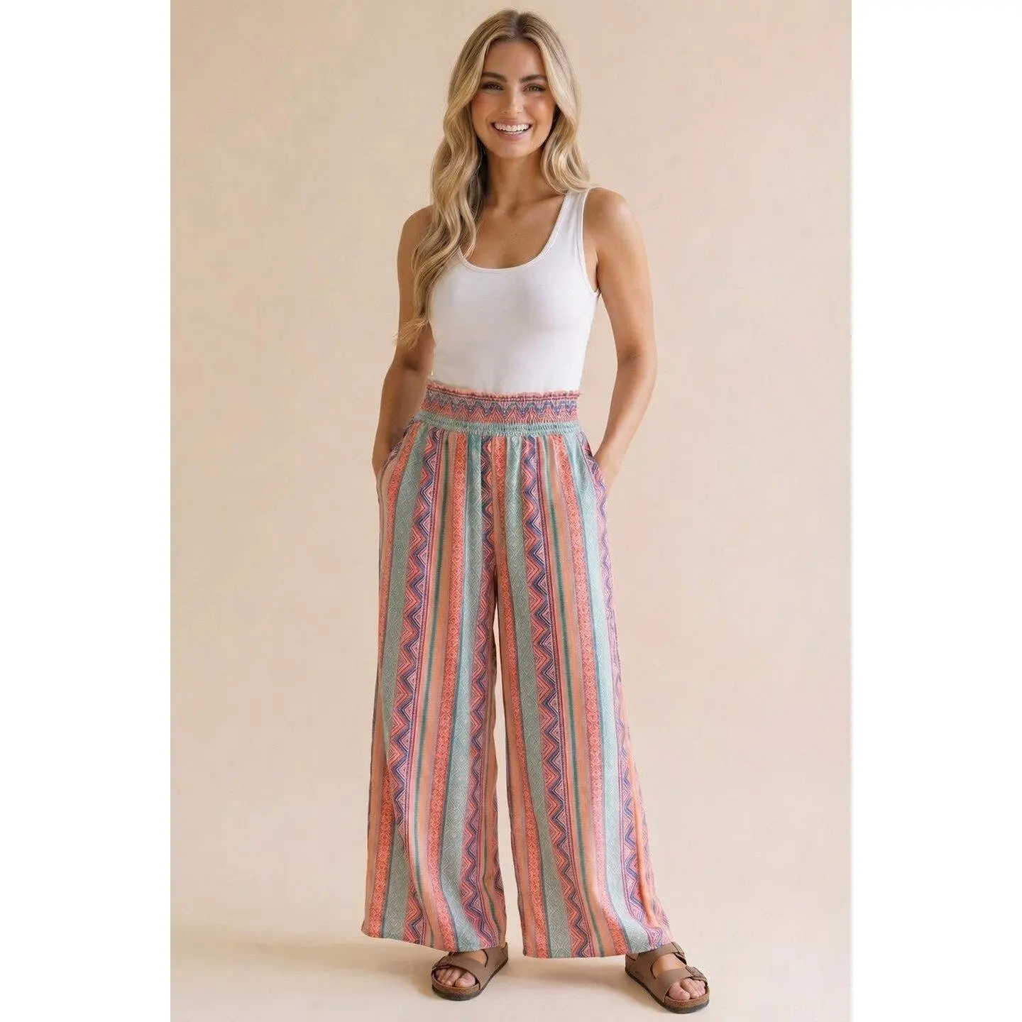 Women's Printed Rayon Wide-Leg Pants with a Smocked Waist and Pockets - Flowy Fit, True to Size from S-3X, Bottom, Fabric, Printed Pants, Multi-Size