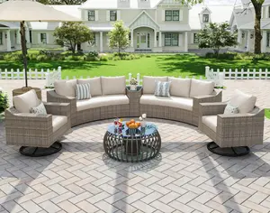 VanAcc 9-Piece Wicker Patio Furniture Set with Swivel Rocking Chairs, Curved Sectional Sofa with Storage Table, All-Weather Outdoor Conversation Set with 6" Armrests, for Backyard/Garden/Deck