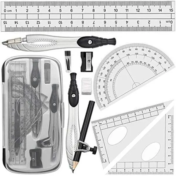 Geometry Compasses Set with Maths Protractor, Set Squares, Ruler, Black