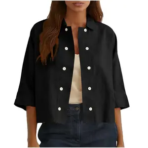 Women's Summer Solid-Color Cotton-Linen Short-Sleeve Double-Breasted Cardigan, Breathable Cool Comfortable Top for Commuting, Travel