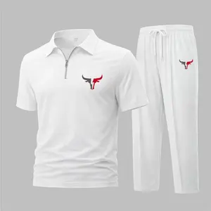 Men's Bull Head Print Waffle-Knit Polo Shirt Set, Short-Sleeve Zip-Up Collar Top with Matching Athletic Trousers, Casual Sportswear Outfit