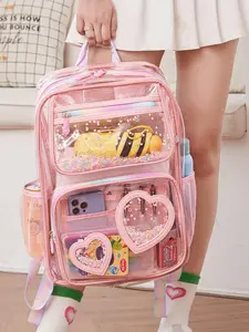 Cute Heart Patched Design Transparent Backpack, Fashionable Backpack for Women & Girls, Casual Trendy Versatile High-quality Daily Commuting Bag, Valentine's Day, Gift for Her