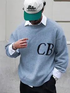 Men's Street Style Letter Jacquard Pullover Sweater, Loose-Fitting Round Neck Long Sleeve Casual Top for Spring Autumn Winter, Fashionable Men's Clothing, Menswear