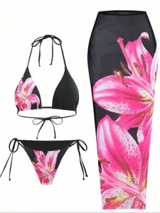 Women's Sheer Mesh Bikini Set, Tie-Dye Print Half-Length Skirt Swimsuit, Beach Vacation Swimwear, Summer Holiday, Floral Print Bikinis, Floral Print Swimsuits, Floral Tropical Bikini