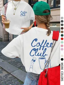 Women's Coffee Club Print Round Neck Tee, Vintage Trendy Casual Short Sleeve T-shirt for Daily Wear, Ladies All Seasons, Top