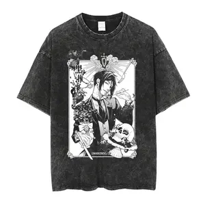Japanese hot Anime Black Butler Michaelis Sebastian Washed T-shirt personality Clothes Oversized Unisex Year round clothing soft