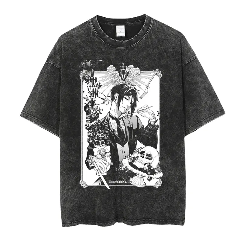 Men's Oversized Festive Black Butler Anime Character Print Short-Sleeve Round Neck Cotton Casual Streetwear Tops, Distressed Look, Soft Fabric, Menswear