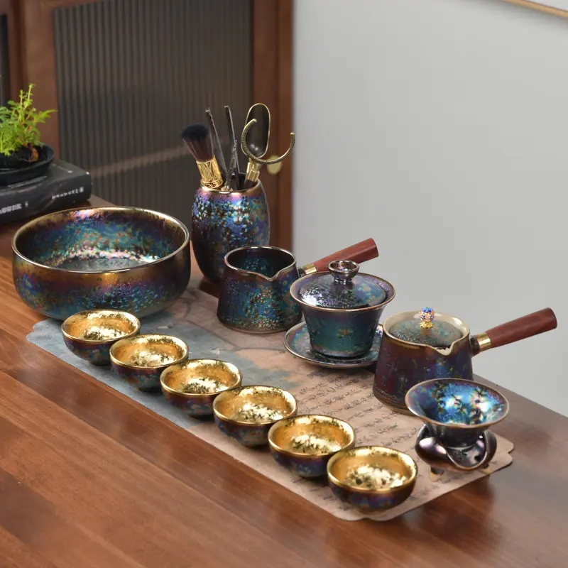 Limited Edition Handmade Kiln-Glazed Jianzhan Porcelain Gongfu Tea Set - Gold-Gilded, Colorful, Multiple Pieces, Varies per Piece - Includes Teapot, Gaiwan, Cups - Luxury Collectible Home Gift