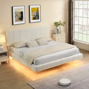 Floating Platform Bed Frame King size with LED Light, King Boucle Bed Frame with Headboard, Solid Wood Slats Support, White