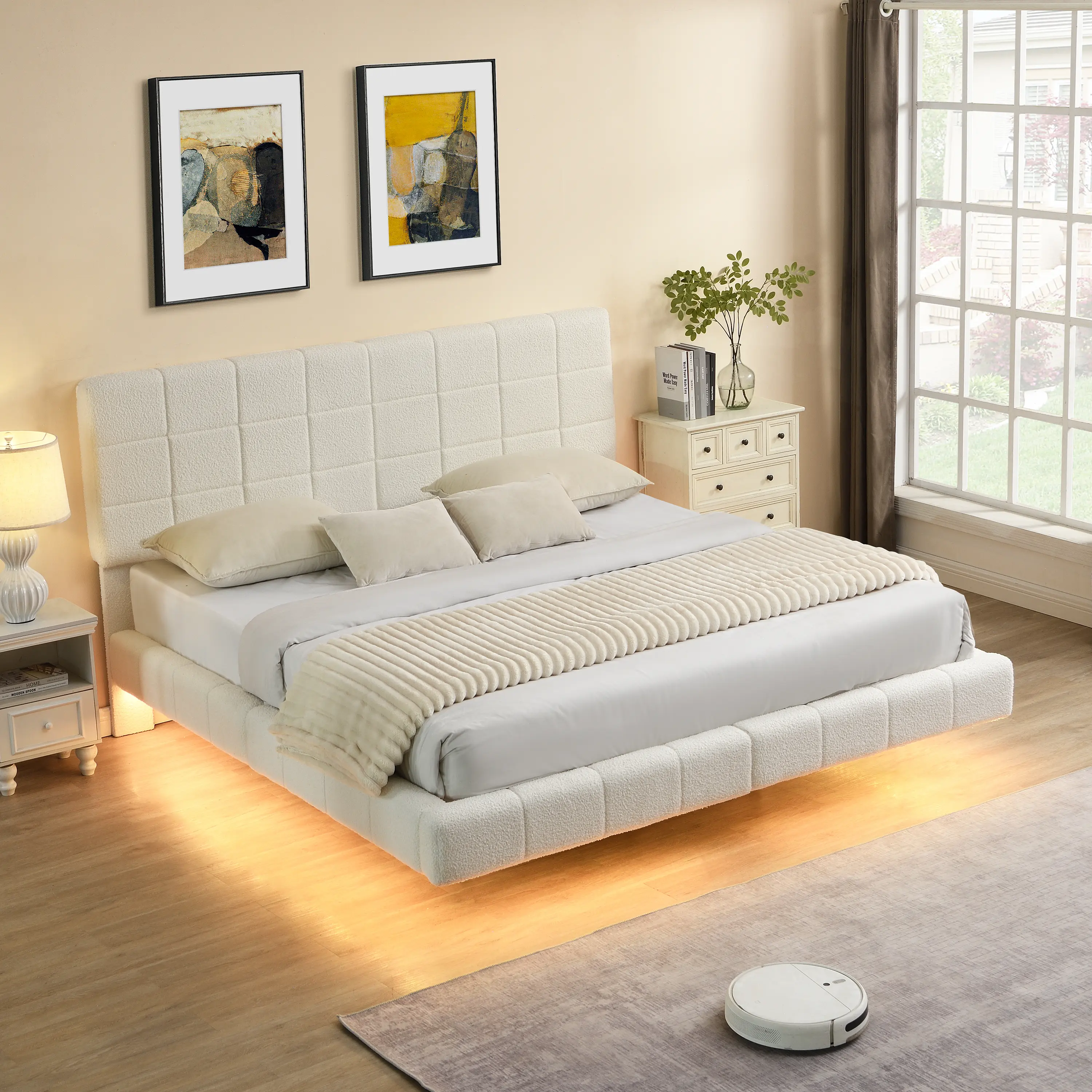 King Size Floating Platform Bed Frame with LED Lighting, Boucle Headboard, Solid Pine Wood Slats Support, Classic White Indoor Furniture Bed Frame