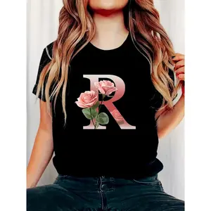 Women's Pink Rose Print T-Shirt 100% Cotton Summer Casual Crew Neck Short Sleeve Top