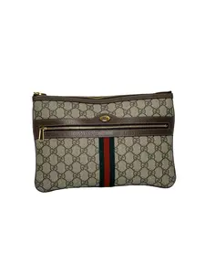 Pre-owned GUCCI GG GG Supreme coated canvas with leather trim Shoulder Bags Ophidia GG Pouch Beige/ebony with brown leather trim and green red green web stripe Pristine S020260403002
