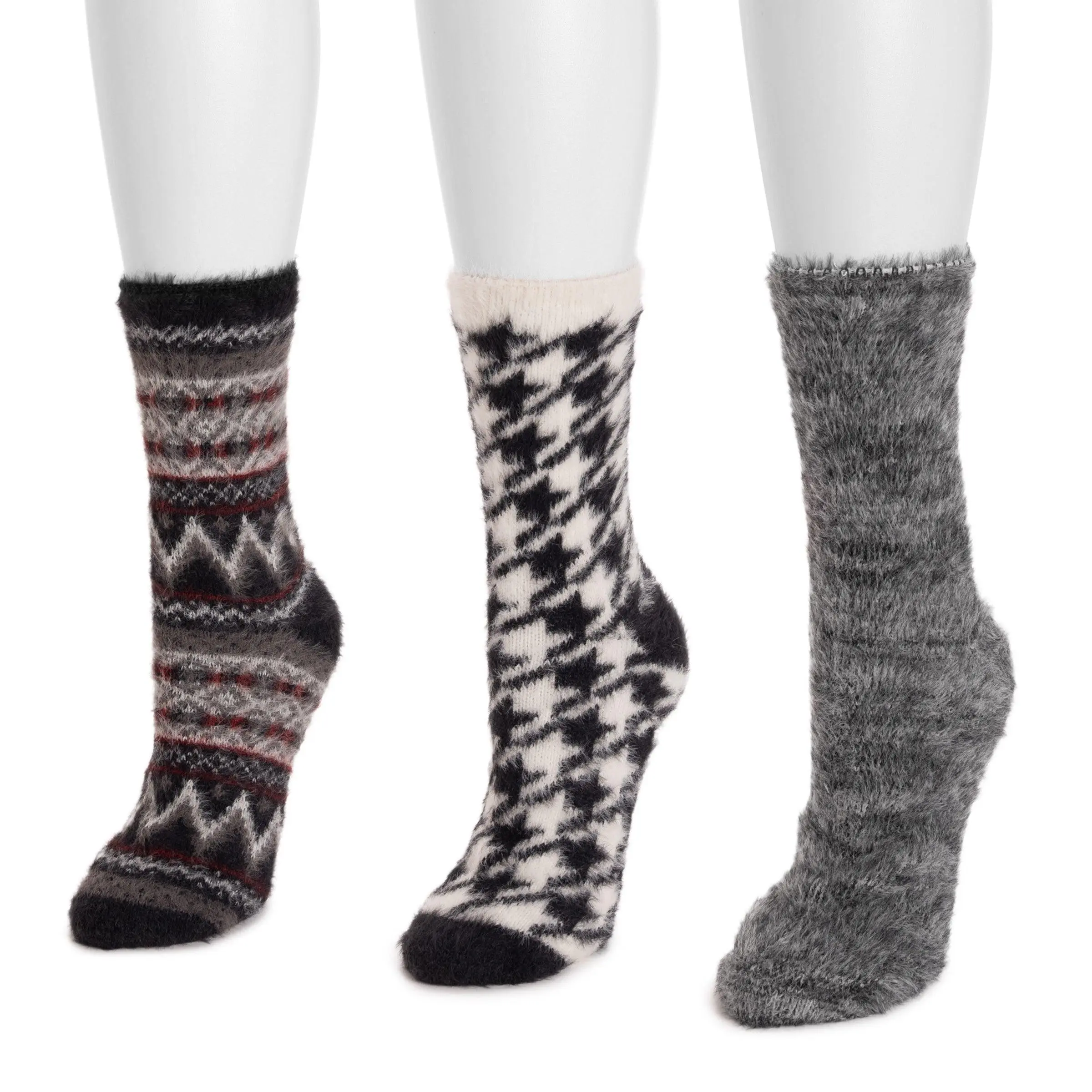 Women's Fuzzy Socks, 3 Pairs of Soft Comfy Mid-Calf Boot Socks with Geometric Houndstooth Pattern, Nylon Blend, Soft Comfy Socks
