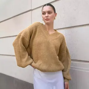 2025 Sweater Casual Pullover Women's Knitted V-Neck Long Sleeve Acrylic Fabric Warm Knitwear Light Yellow Medium Thickness Single Piece Regular Fit Autumn 2025