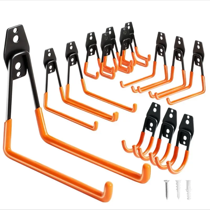 Heavy-Duty Metal Wall-Mounted Garage Utility Hooks with Mounting Support Rails, Multifunctional Organizer Storage for Tools, Ladders, Hose Hanger (Includes Hooks, Home Garage Organization Solution)