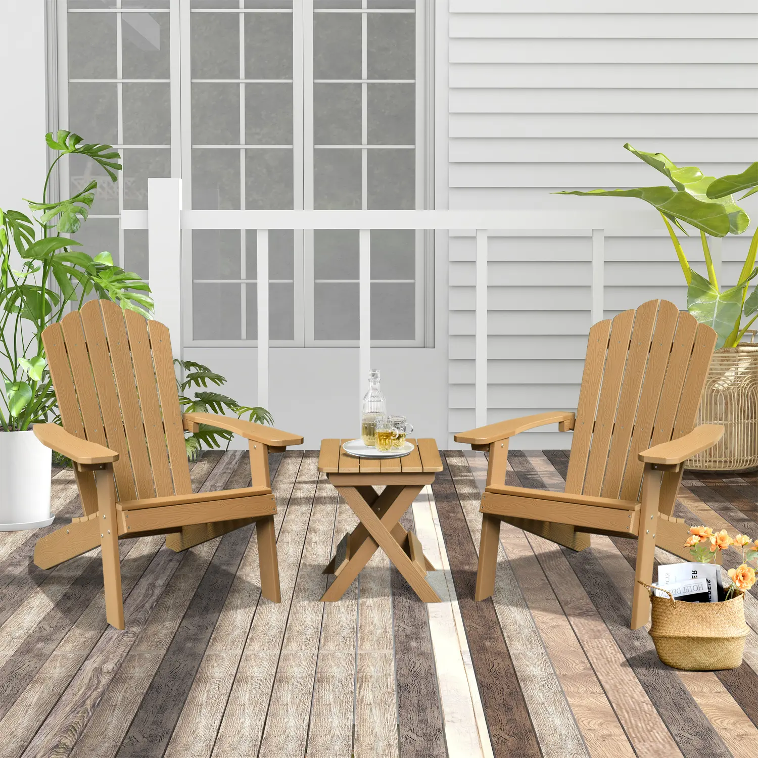 ALLWEX Outdoor Adirondack Chair & Side Table Set, HDPE Weather-Resistant High-Back Armchair, Folding Table with Wood Grain Finish for Garden, Deck