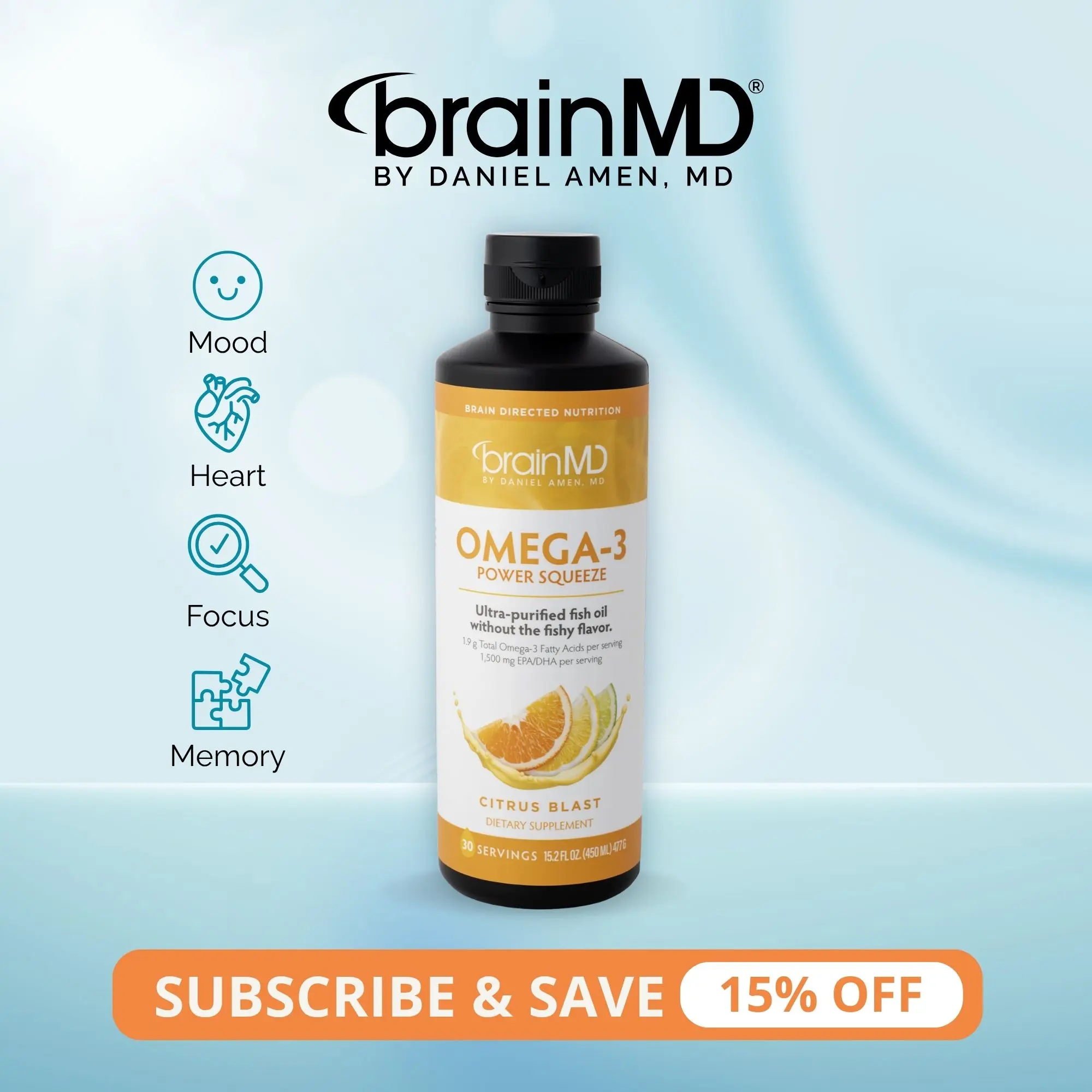 Omega-3 Power Squeeze | BrainMD | 15.2 fl oz / 30 Servings | Brain, Mood & Memory Support | Heart & Joint Health | Liquid EPA & DHA Fish Oil | Citrus Blast