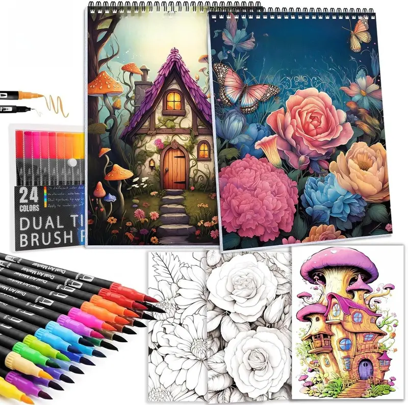 ApolyoneGarden & Magic House Adult Coloring Book for Women Relaxation with 24 Dual-tip Markers for Anxiety Relief Gifts 48 Patterns Single-Sided Printing Premium Spiral Bound