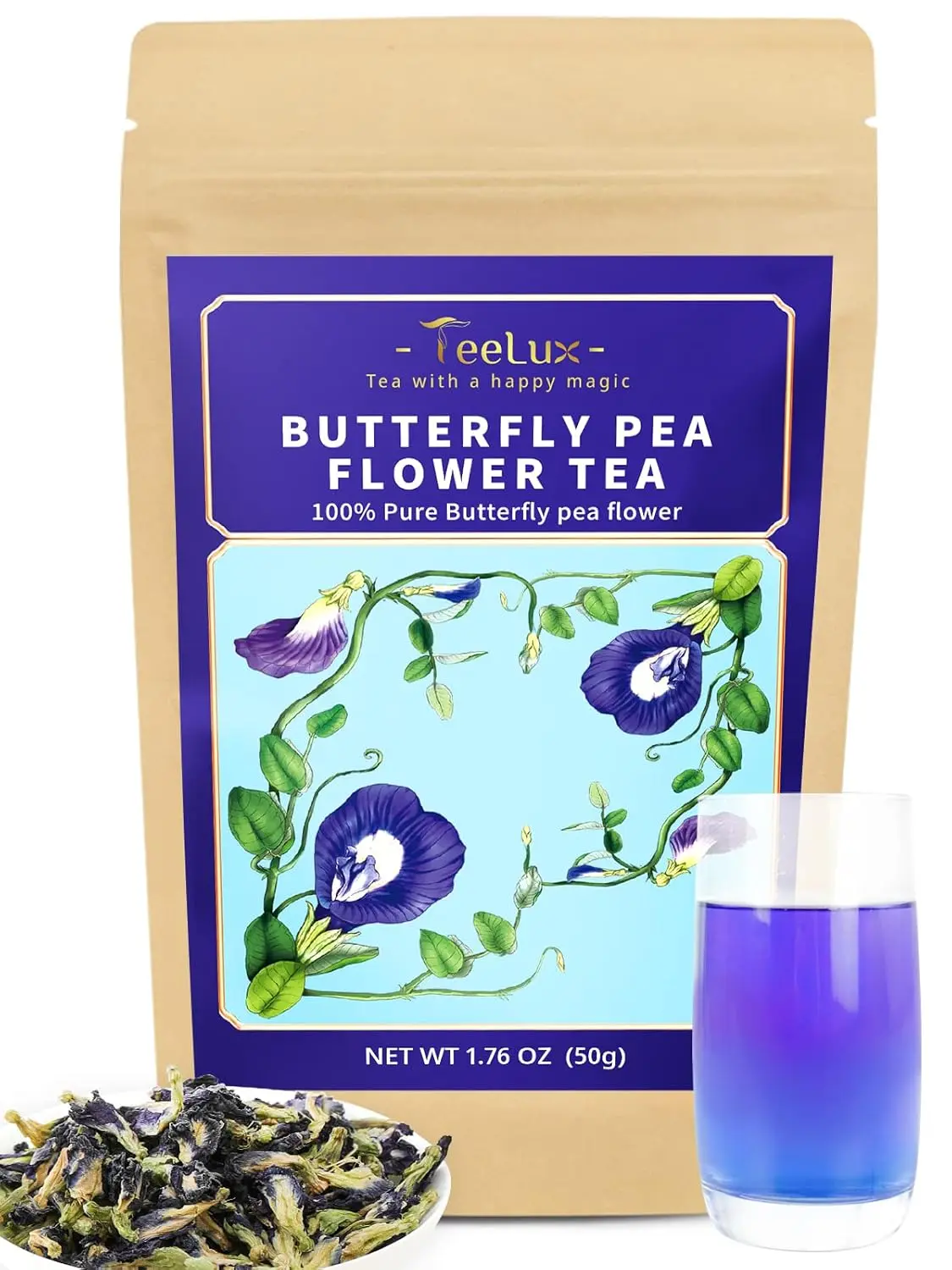 TeeLux Butterfly Pea Flower Tea, Whole Blue Pea Flower Caffeine Free 1.76oz | Naturally Creates Vibrant Blue to Purple Colors, Mild Taste, Non-GMO, Great for Creative Drinks & Desserts, Hot or Iced