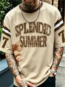 American Vintage Splendid Summer Eagle Print Short Sleeve T-Shirt, Men's Loose Oversize Football Sleeve Top, Street Style Fitted Tee