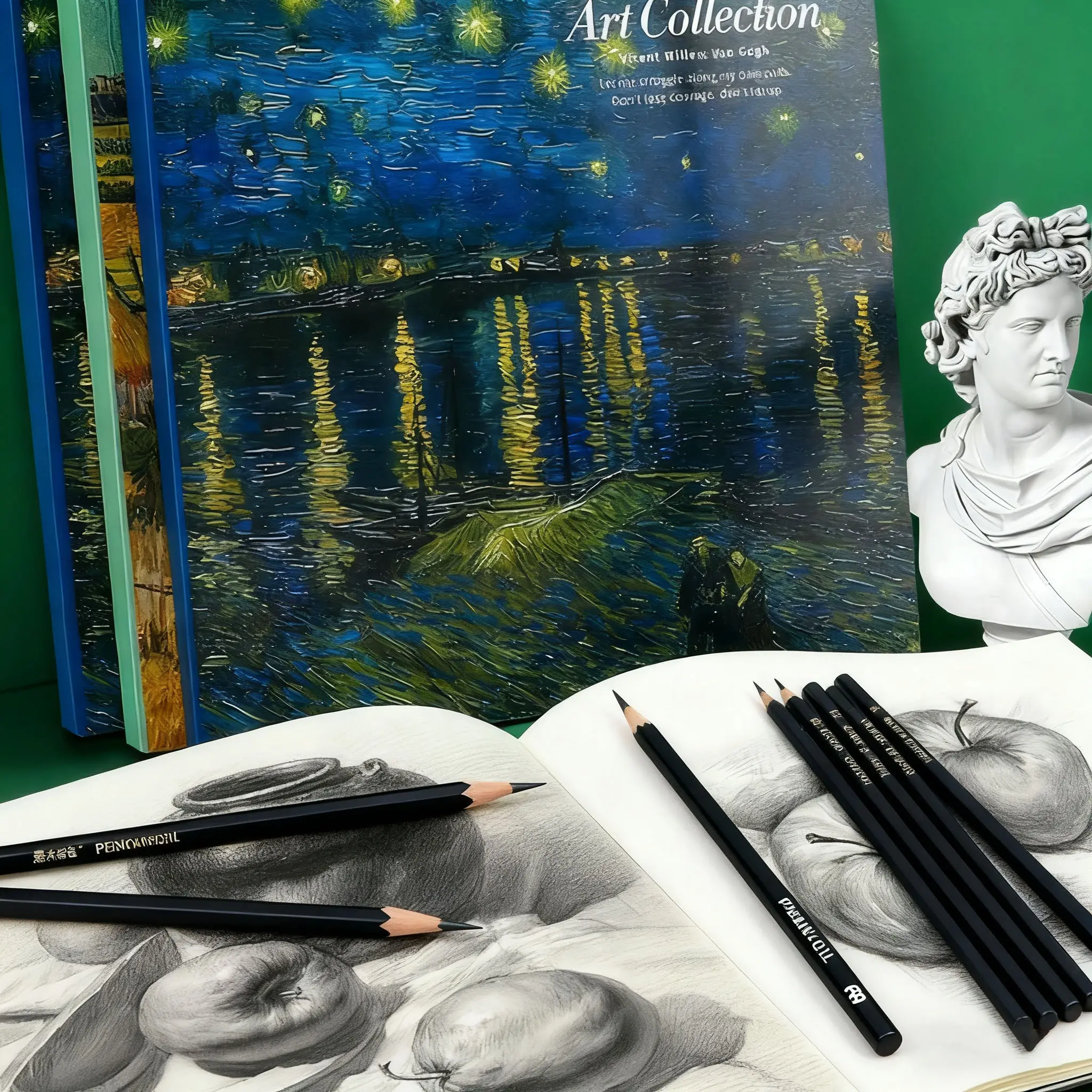 Art Sketchbook Set with 1 Box of 10 Pencils, Oil Painting Style Cover ...