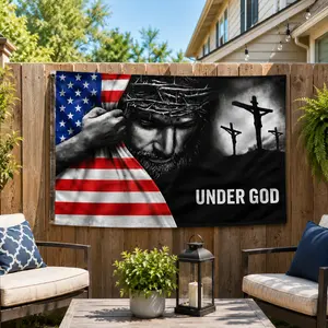 Christian Under God Cheetah Print Flag - Jesus Cross Patriotic Single-Sided Lightweight Wall Artwork Banner, Memorial Home Decor Hanging Sign for Indoor/Outdoor Decoration