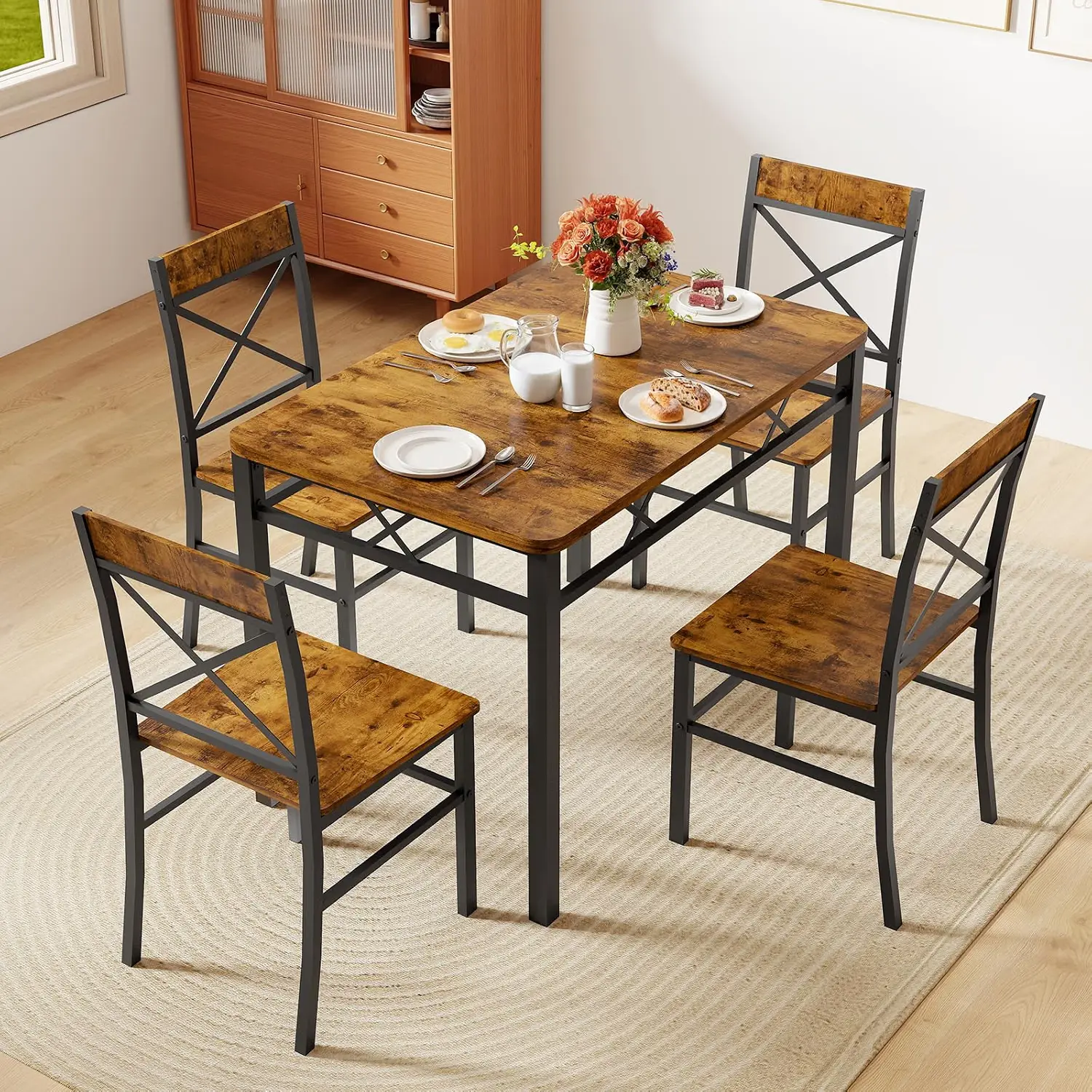 Dining Table Set for 4, 43.3" Rustic Brown Industrial Kitchen Table with 4 Chairs, Compact for Small Spaces