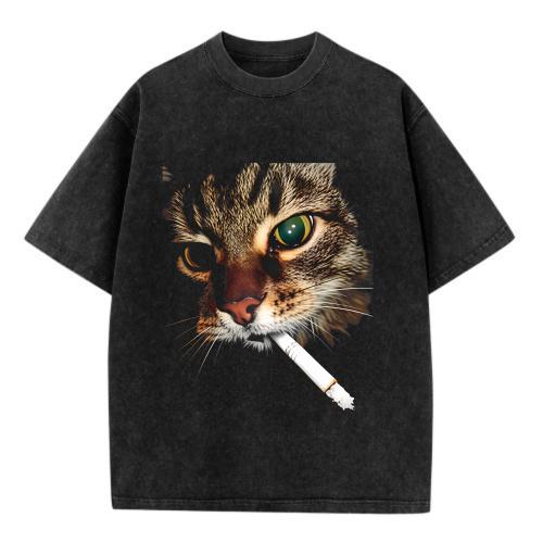 Vintage Washed Smoking Tabby Cat Graphic T-Shirt Retro Funny Cool Cat Cigarette Distressed Oversized Tee Edgy Tabby Cat Smoking Streetwear Washed Black T-Shirt