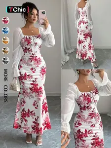 New Women's Square Neck Bow Tie Chiffon Bubble Sleeve Dress, Spring Summer Fall Casual Party Long Elegant Slim Fit Dress