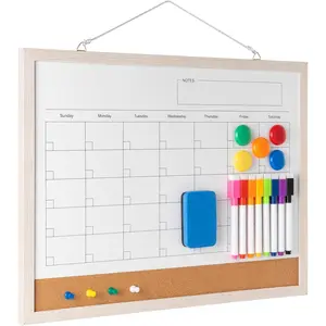 Dry Erase Calendar Whiteboard, 17" x 13"  Whiteboard Cork Board Combo,  Monthly Planner with 8 Markers, Eraser,  and Pushpins,  Dry Erase Board for , School - White