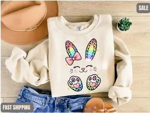 Easter Bunny Sweatshirt, Women Easter Sweatshirt, Cute Cheetah Pattern Bunny Crewneck, Happy Easter Pullover - EVA RAMOS